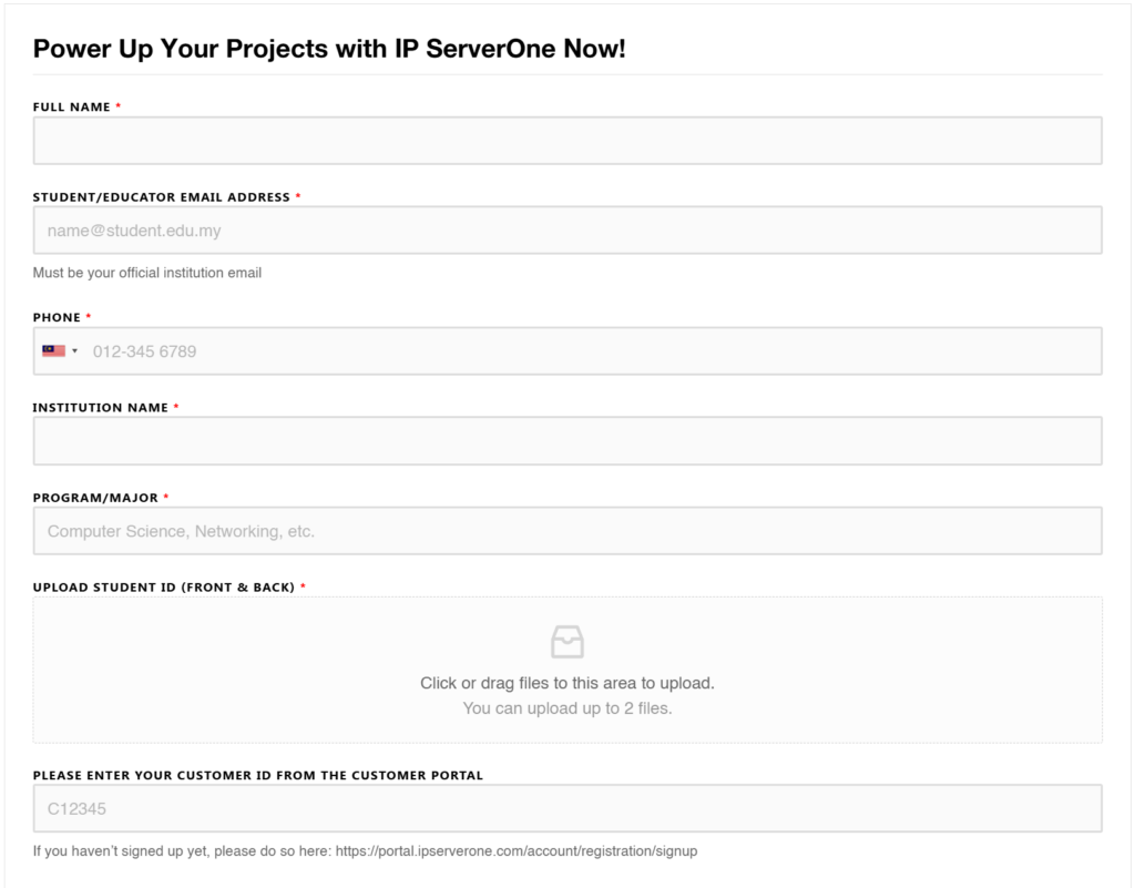 signup form cloud for students ipserverone