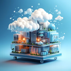 3d illustration of a city with a train and clouds in the sky