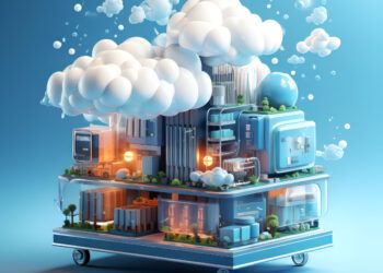 3d illustration of a city with a train and clouds in the sky