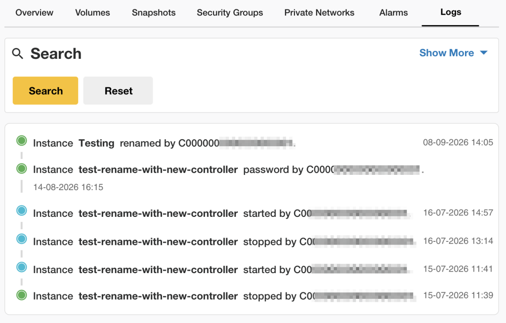 Activity Logs dashboard showing an audit trail of NovaCloud and NovaGPU resource activities