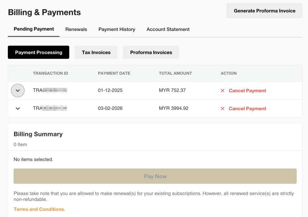 Billing and Payment dashboard showing renewals payment processing payment history and services