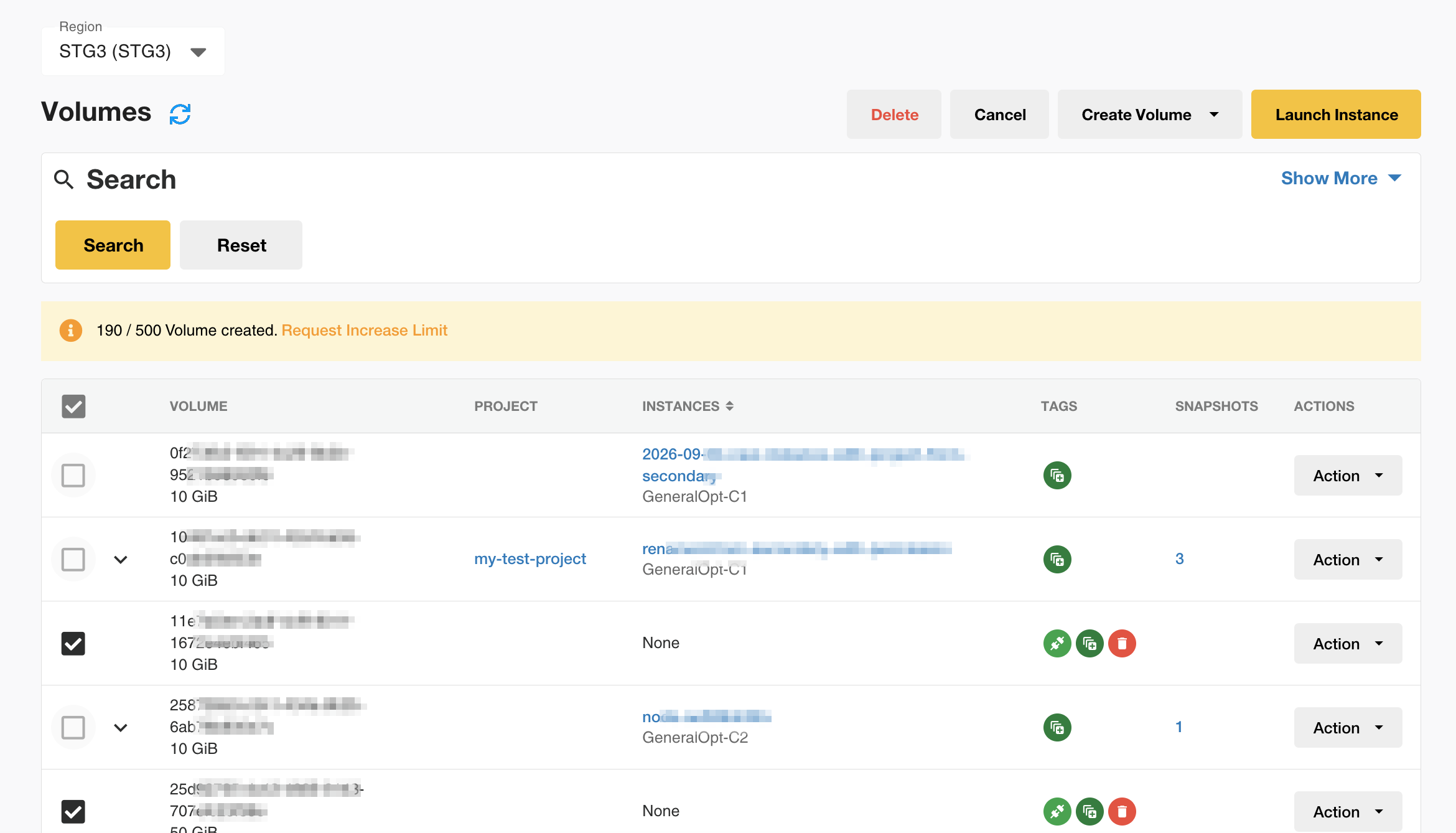 Bulk delete dashboard showing multiple resource deletion for Public Keys Security Groups Volumes and Snapshots