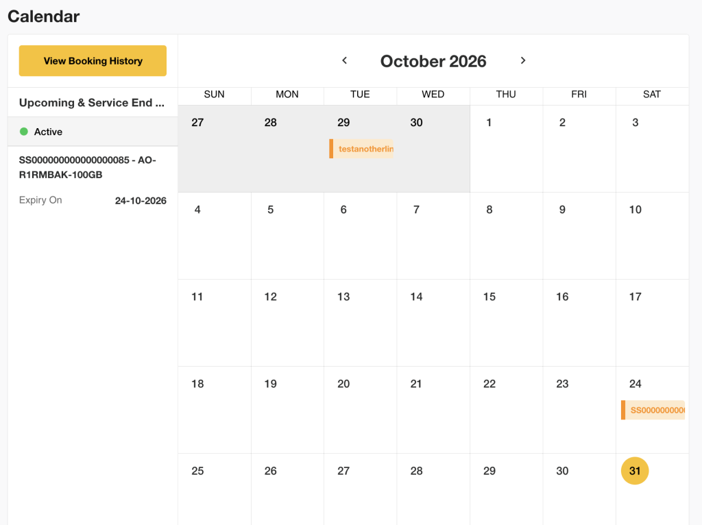 Calendar view showing service expirations renewal dates and data center visitations