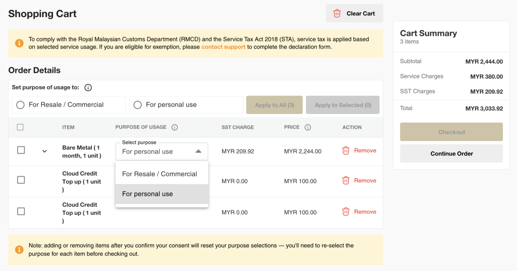 Checkout page showing Shopping Cart and Purpose of Usage selection for tax declaration