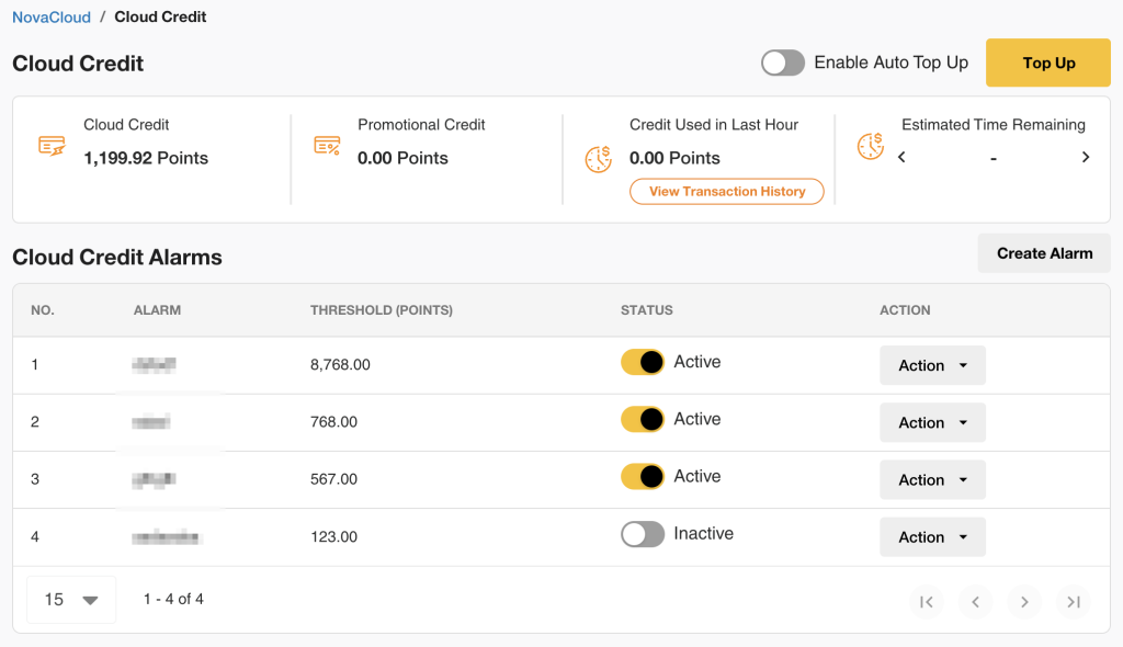 Cloud Credit page showing available balance and credit management options
