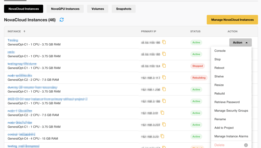 Cloud and GPU instance management dashboard showing instance configuration and project resources