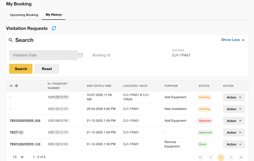 Data Center Management dashboard showing upcoming bookings and booking history