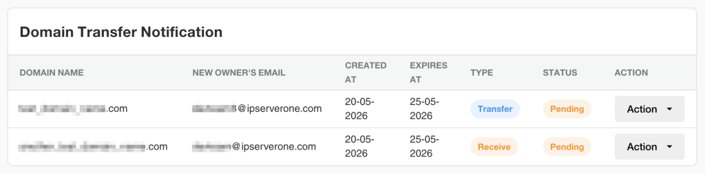 Domain transfer notifications showing incoming and outgoing domain transfers