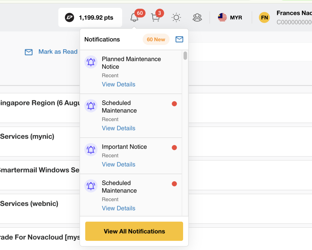 Notification Center displaying service announcements and important notices and cloud resource activity updates