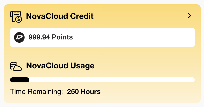 NovaCloud Overview widget showing cloud credit and usage