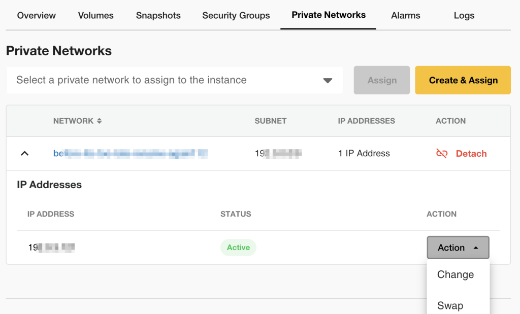 Private Networks dashboard showing data transfer metrics IP addresses and network alarms