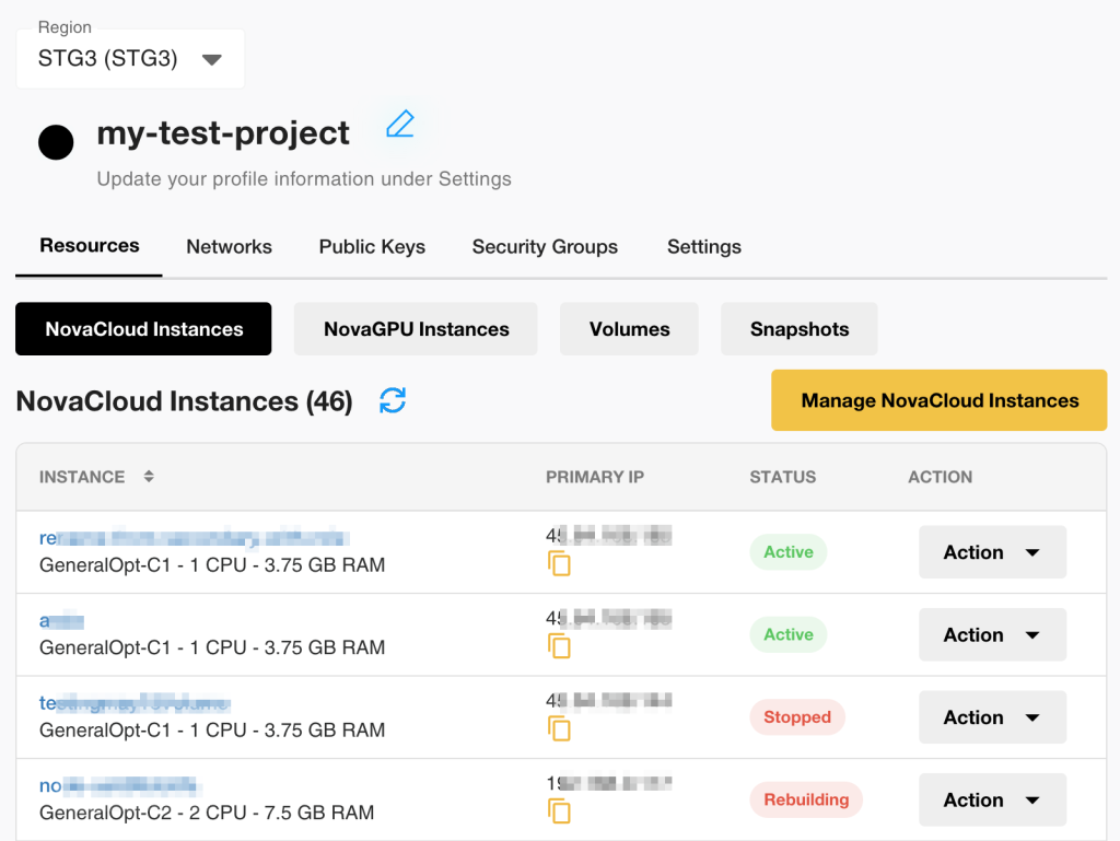 Project management dashboard showing cloud resources by region and project