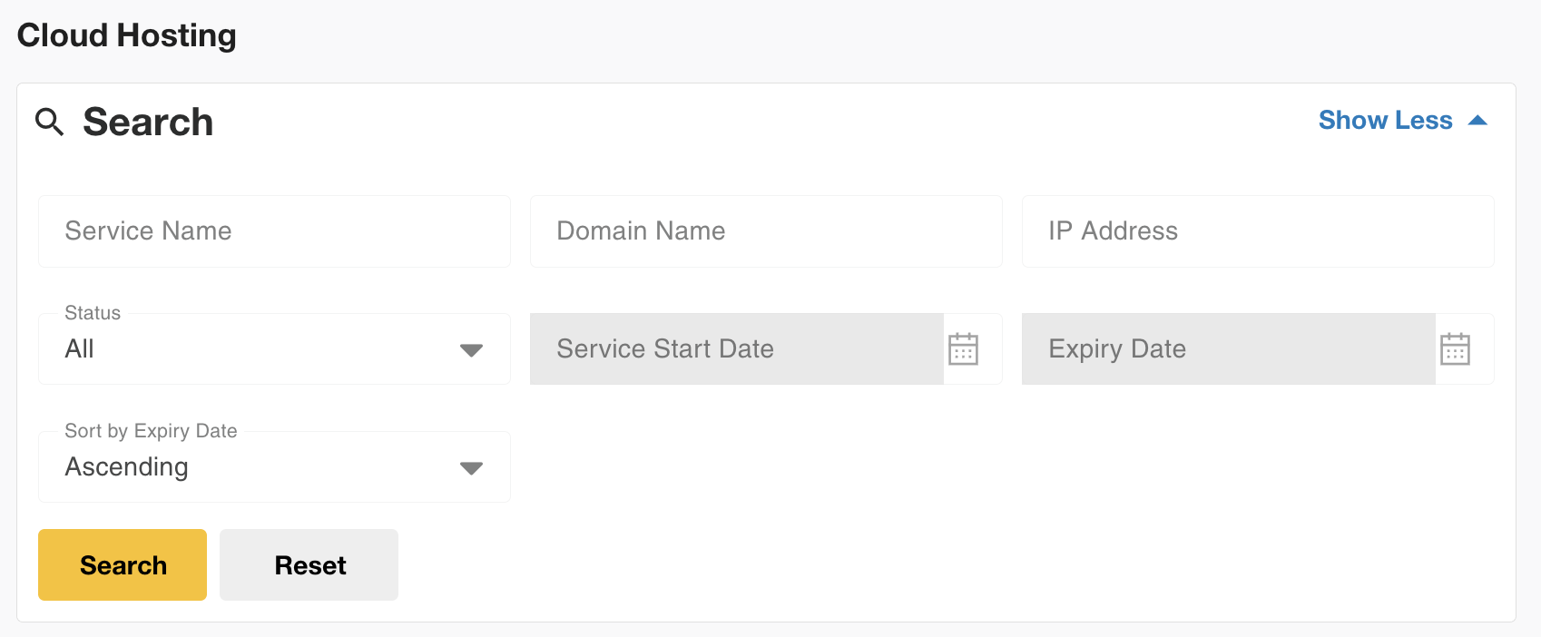 Search and Filter dashboard showing services invoices cloud resources and support tickets