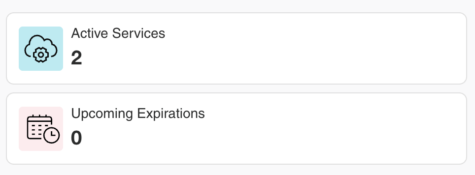 Service Widget showing active services and upcoming service expirations