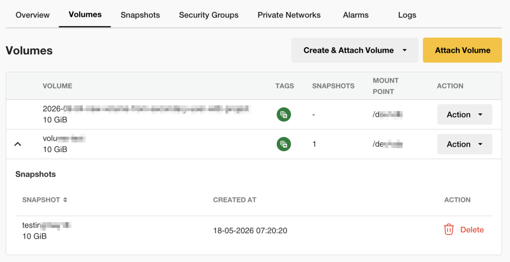 Volume management dashboard showing volumes and snapshot management options
